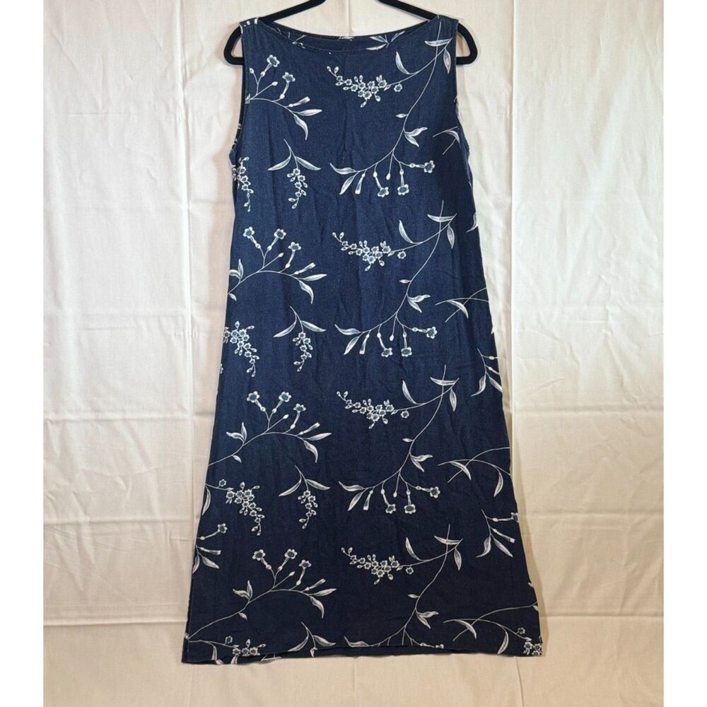 Coldwater Creek PM Petite Medium Navy Blue White Floral Linen Rayon Shift Dress
